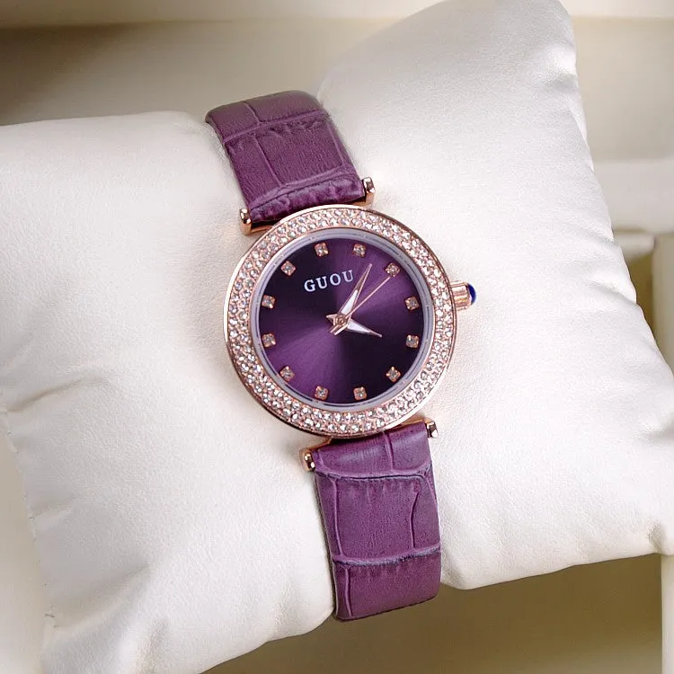 Women's Watch Seashell Dial With Diamonds leather strap elegant watch