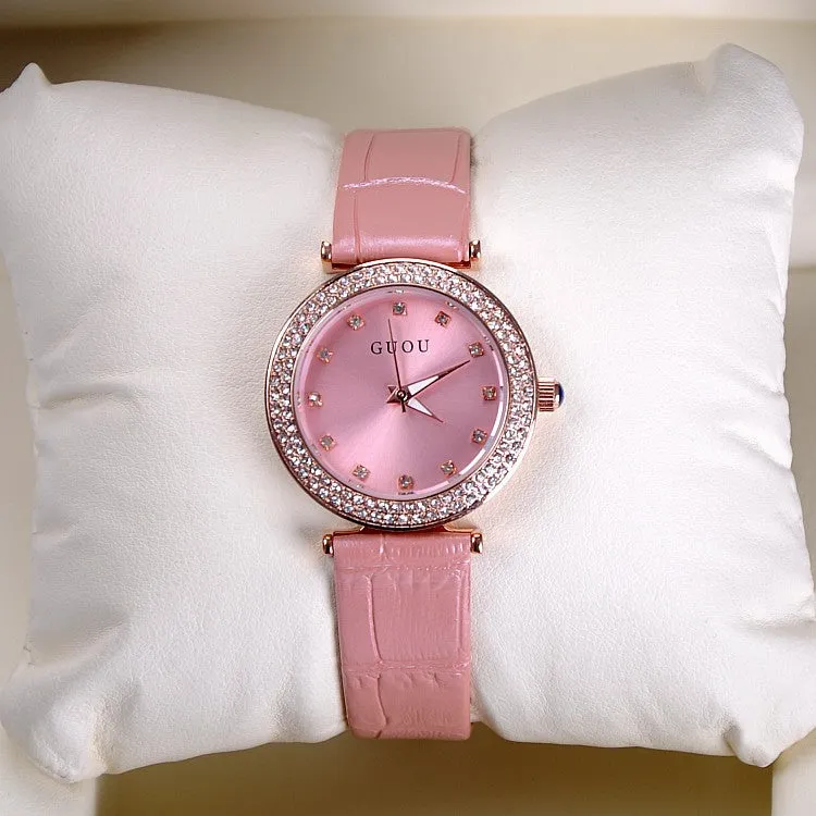 Women's Watch Seashell Dial With Diamonds leather strap elegant watch