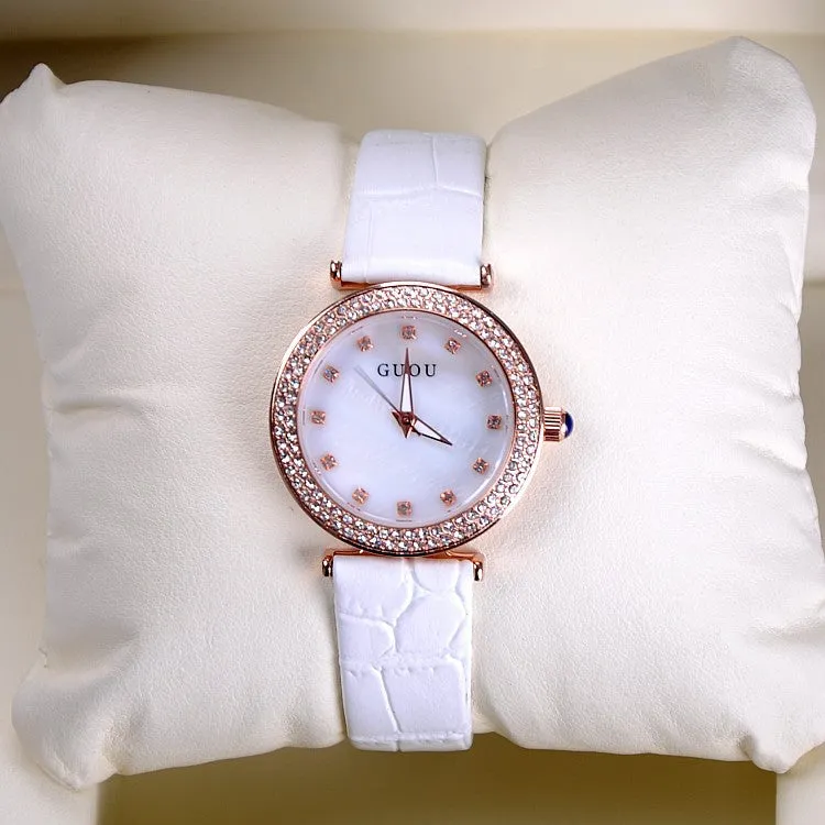 Women's Watch Seashell Dial With Diamonds leather strap elegant watch