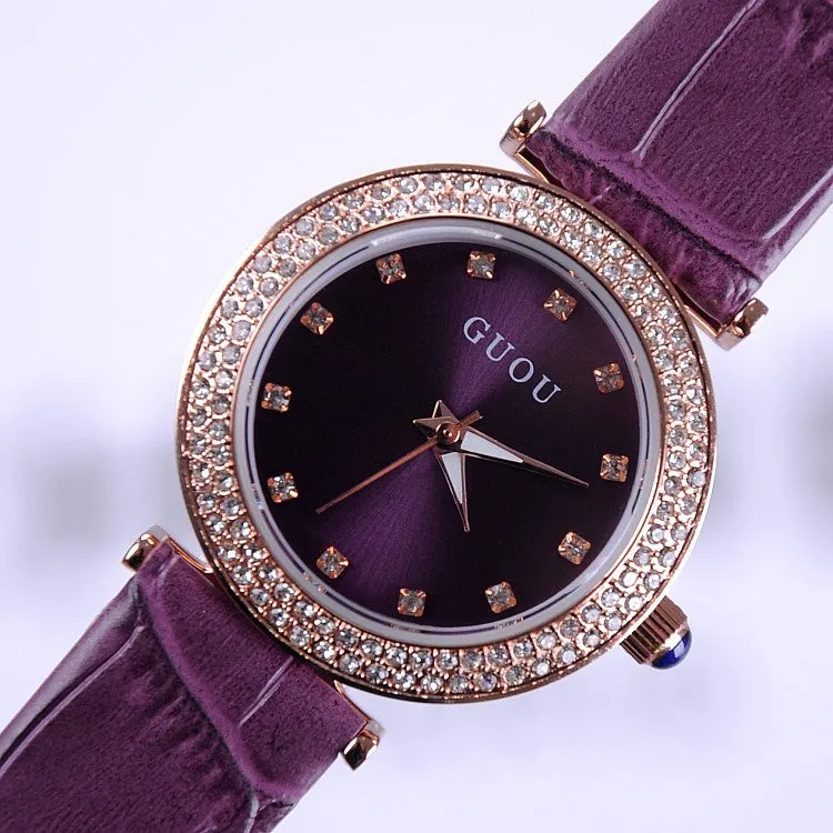 Women's Watch Seashell Dial With Diamonds leather strap elegant watch