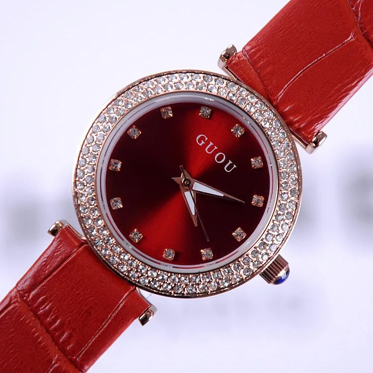 Women's Watch Seashell Dial With Diamonds leather strap elegant watch