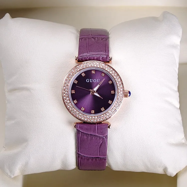 Women's Watch Seashell Dial With Diamonds leather strap elegant watch