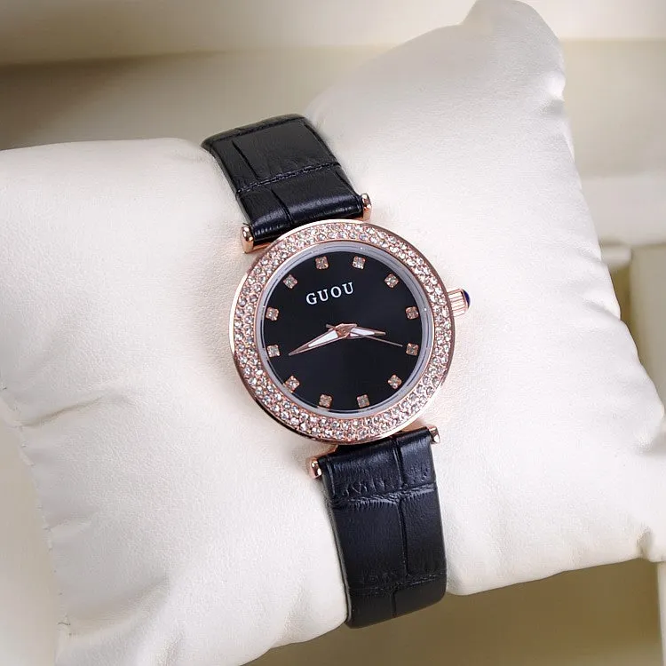 Women's Watch Seashell Dial With Diamonds leather strap elegant watch