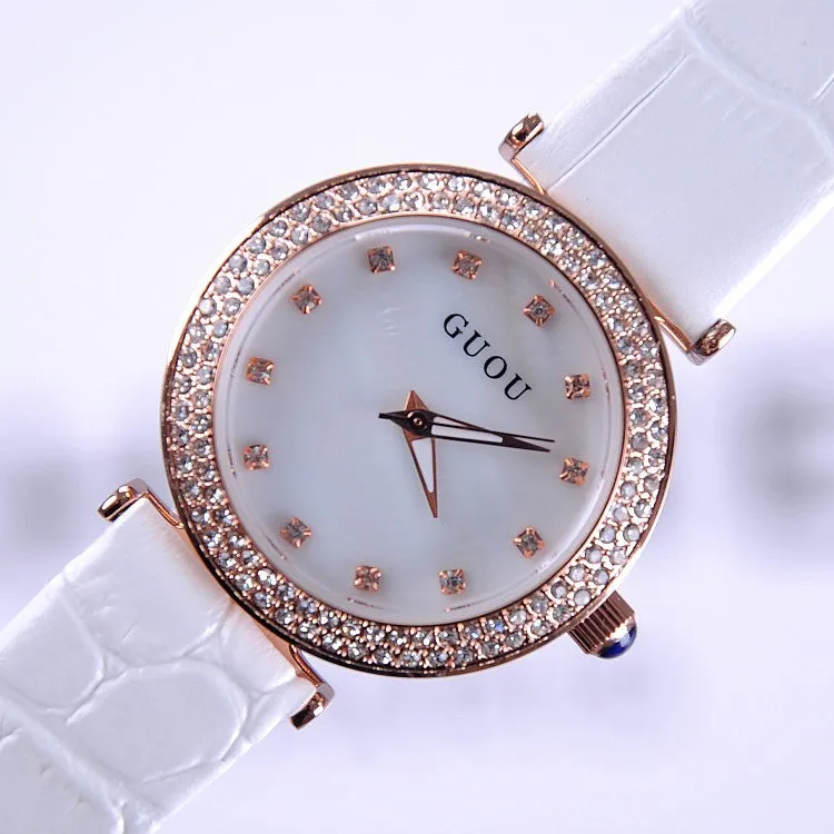 Women's Watch Seashell Dial With Diamonds leather strap elegant watch