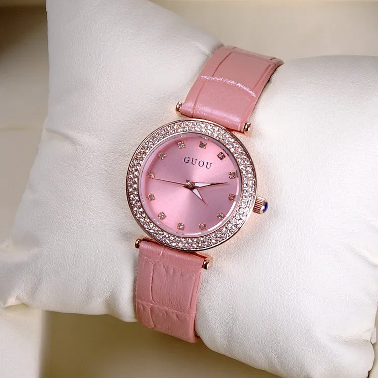 Women's Watch Seashell Dial With Diamonds leather strap elegant watch