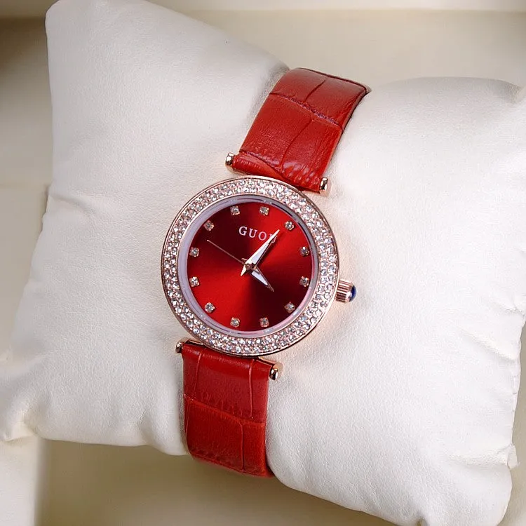 Women's Watch Seashell Dial With Diamonds leather strap elegant watch