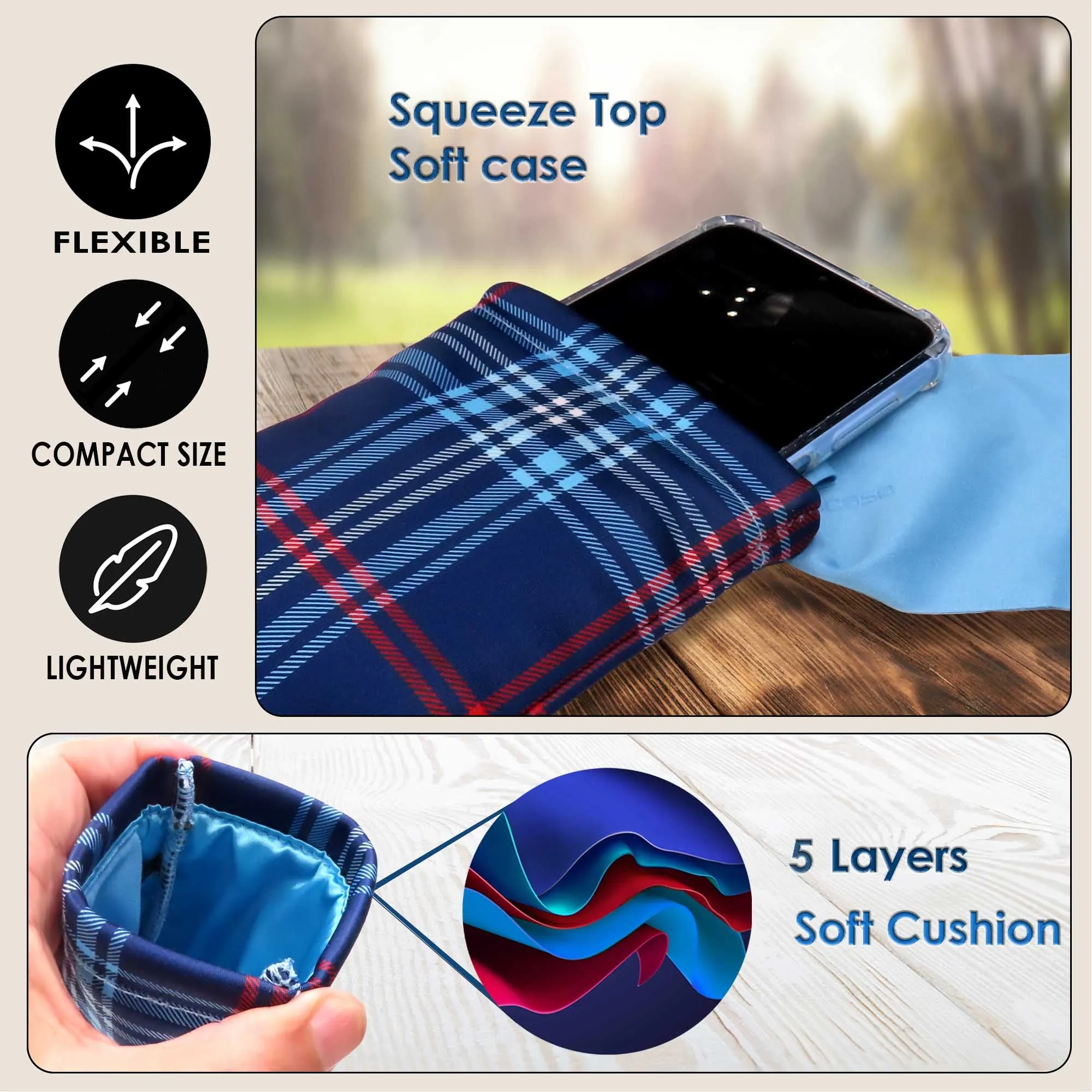 XL Soft Sunglasses Case in Plaid Microfiber print - Eyeglass Pouch Squeeze Top - Glasses Case w/ Cloth - Smart Phone Case (CT8 PLAID)