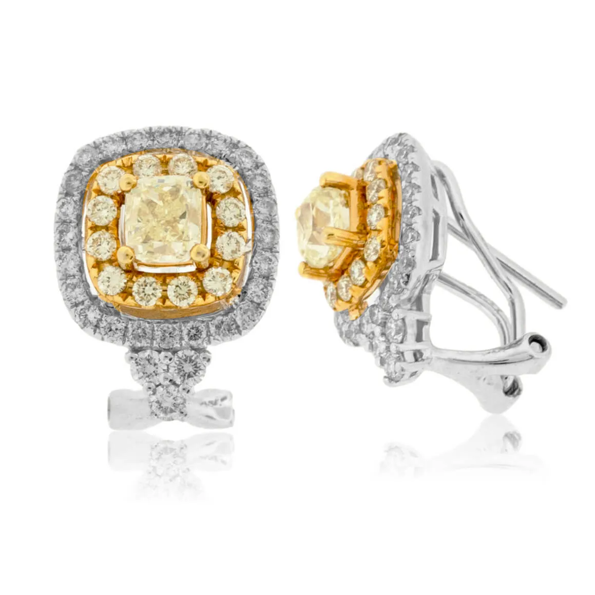 Yellow Diamond Cushion Cut Center & Diamond Halo Earrings