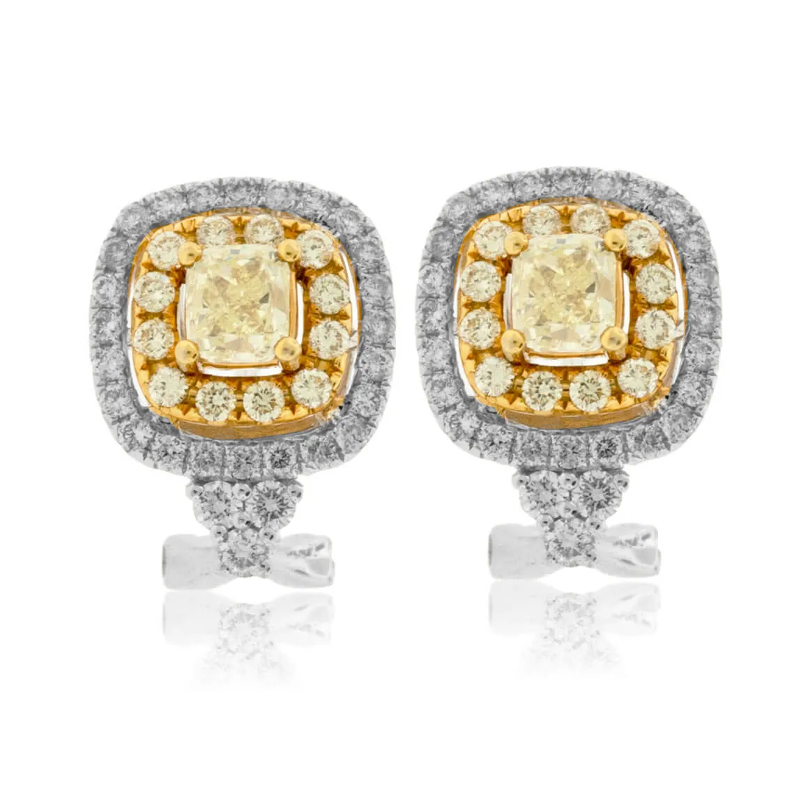 Yellow Diamond Cushion Cut Center & Diamond Halo Earrings