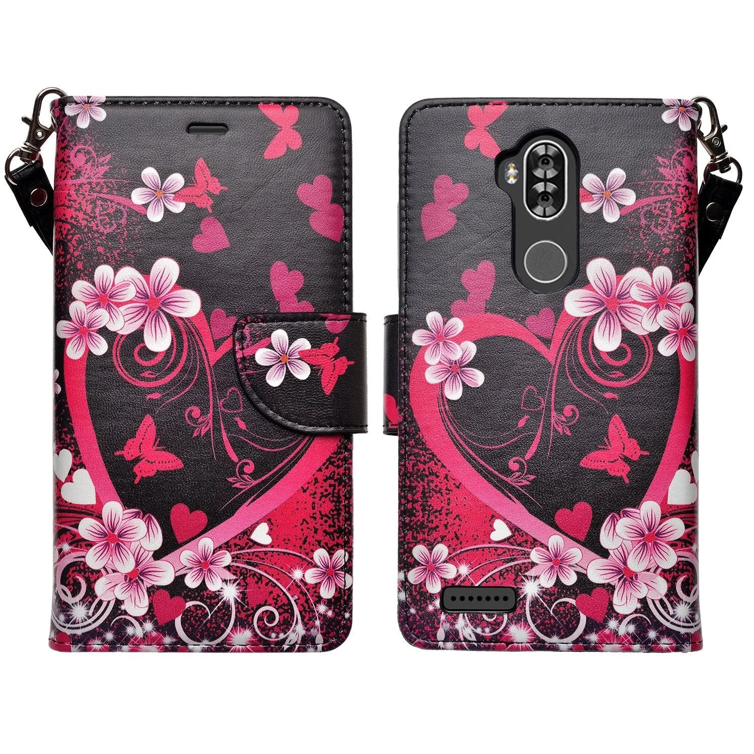 ZTE Max XL, ZTE Blade Max 3, ZTE Max Blue Case, Wrist Strap Pu Leather Magnetic Fold [Kickstand] Wallet Cover Wristlet - Heart Butterflies