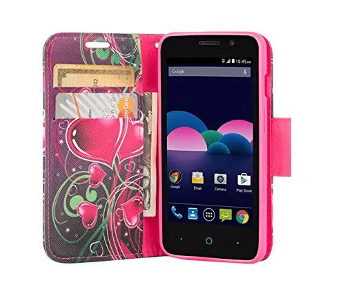 ZTE Obsidian | ZTE Z820 Case, Wrist Strap Magnetic Fold[Kickstand] Pu Leather Wallet Case with ID & Credit Card Slots for ZTE Obsidian - Heart Strings