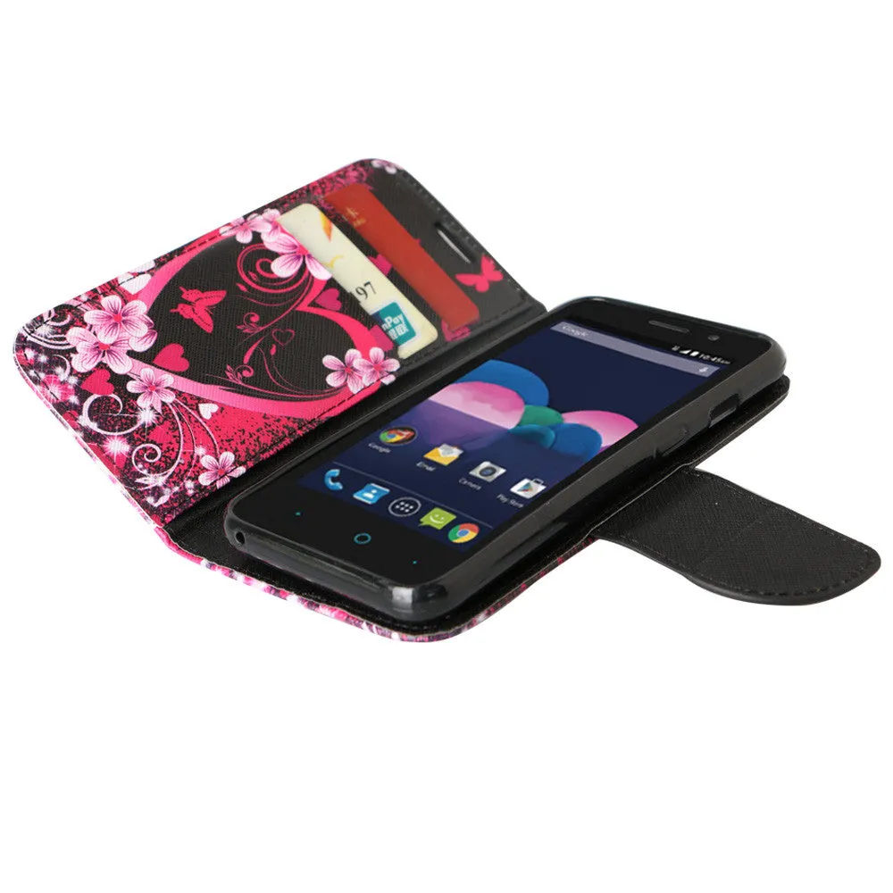 ZTE Obsidian | ZTE Z820 Case, Wrist Strap Magnetic Fold[Kickstand] Pu Leather Wallet Case with ID & Credit Card Slots for ZTE Obsidian | ZTE Z820 - Heart Butterflies