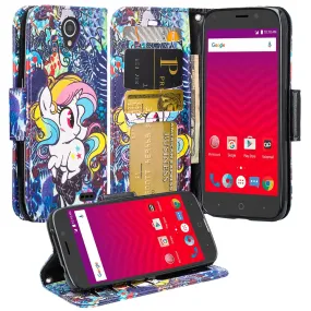 ZTE Prestige 2, Overture 3, Maven 3, Prelude Plus, ZTE 9136, Midnight Pro, Pu Leather Magnetic Flip Fold[Kickstand] Wrist Strap Wallet Case with Card Slots - Rainbow Unicorn