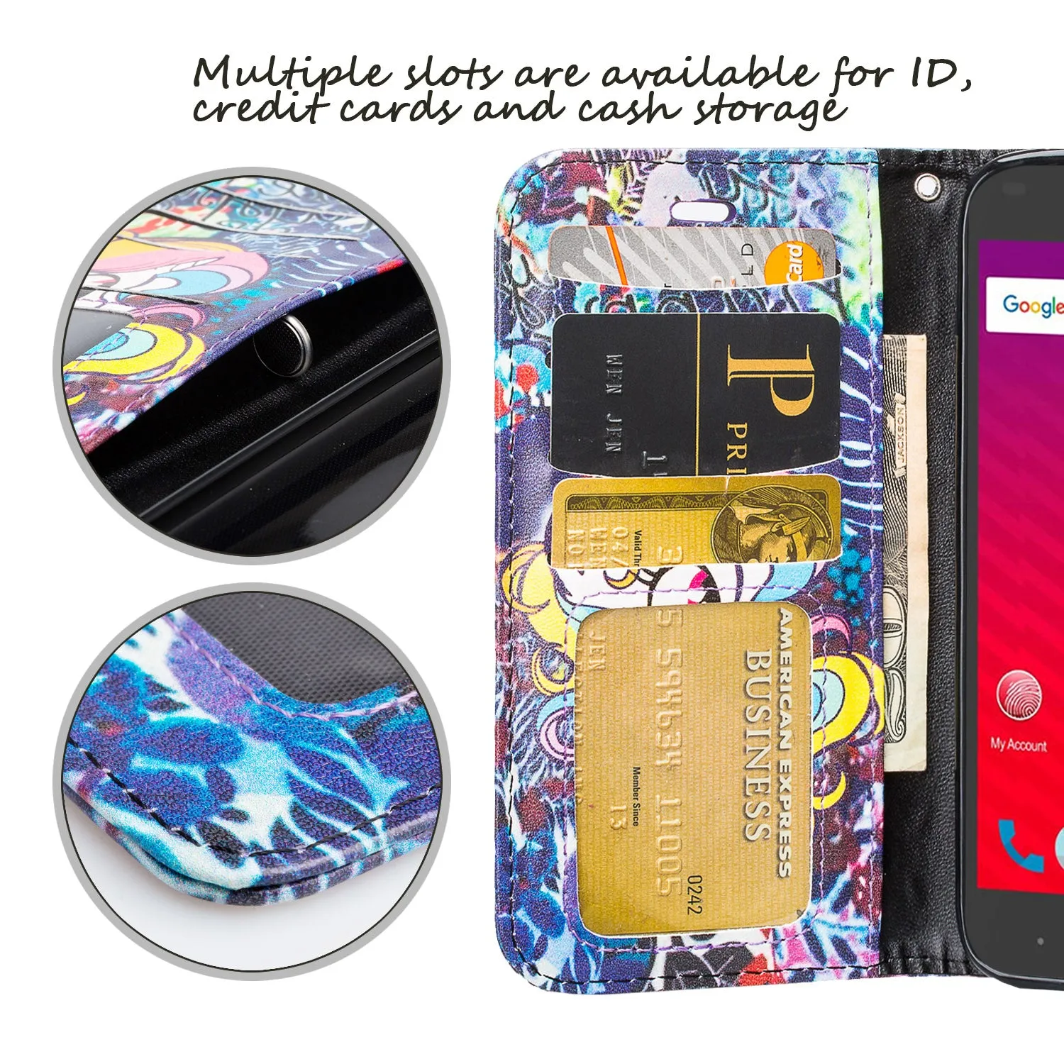 ZTE Prestige 2, Overture 3, Maven 3, Prelude Plus, ZTE 9136, Midnight Pro, Pu Leather Magnetic Flip Fold[Kickstand] Wrist Strap Wallet Case with Card Slots - Rainbow Unicorn