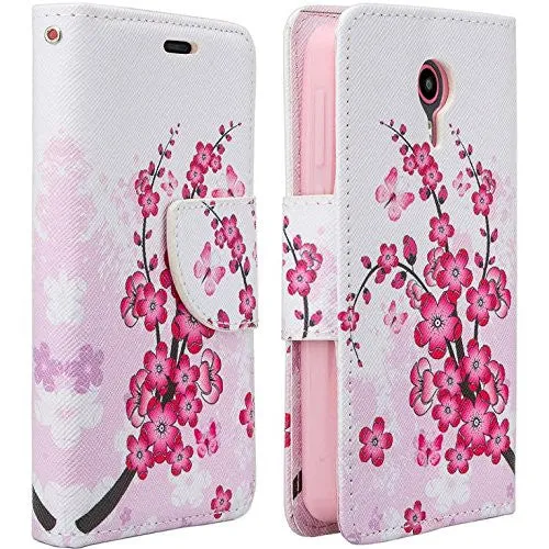 ZTE Prestige Case | ZTE Sonata 3 | ZTE Avid Plus | ZTE Avid Trio Pu Leather Magnetic Flip Fold[Kickstand] Wrist Strap Wallet Case with ID & Card Slots for ZTE Prestige/Sonata3/Avid/Avid Plus - Cherry Blossom