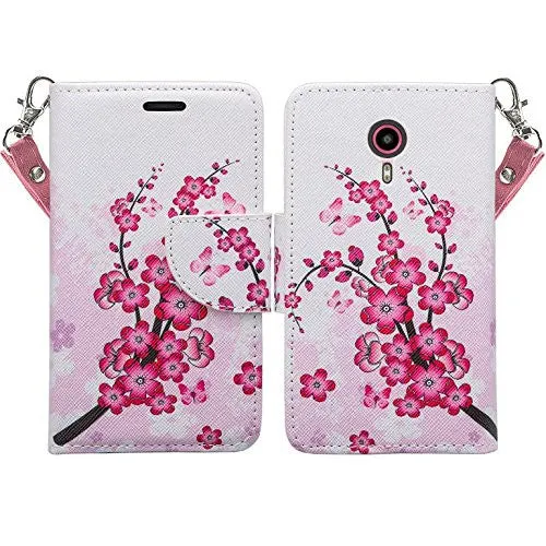 ZTE Prestige Case | ZTE Sonata 3 | ZTE Avid Plus | ZTE Avid Trio Pu Leather Magnetic Flip Fold[Kickstand] Wrist Strap Wallet Case with ID & Card Slots for ZTE Prestige/Sonata3/Avid/Avid Plus - Cherry Blossom