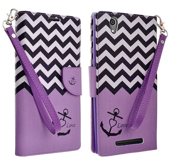 ZTE ZMAX Case, Wrist Strap Magnetic Fold[Kickstand] Pu Leather Wallet Case with ID & Credit Card Slots for ZTE ZMAX - Purple Anchor