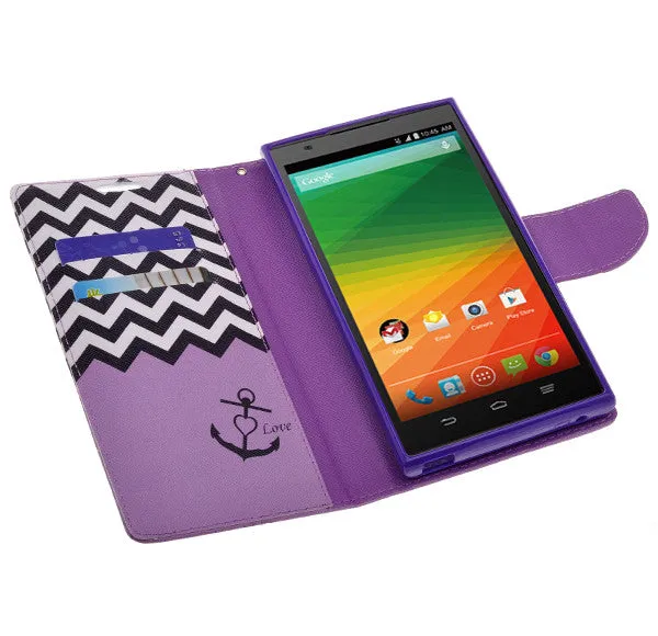 ZTE ZMAX Case, Wrist Strap Magnetic Fold[Kickstand] Pu Leather Wallet Case with ID & Credit Card Slots for ZTE ZMAX - Purple Anchor